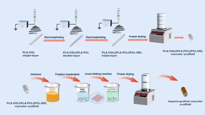 图1：三层 PLA-COL@PLA-PCL@PCL-GEL 小口径血管支架的制备及表面肝素化示意图