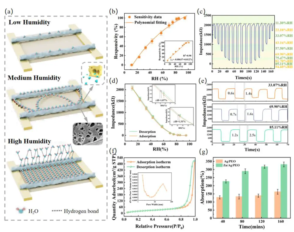 图3 柔性湿度传感器(ZAHS)的湿度响应特性