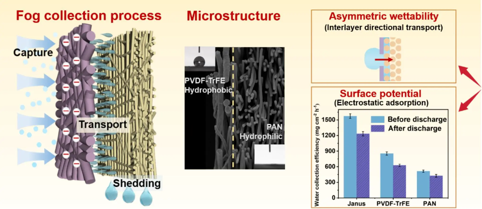 具有非对称湿润性和表面电势的Janus纤维膜用于大气中双重增强雾气收集
